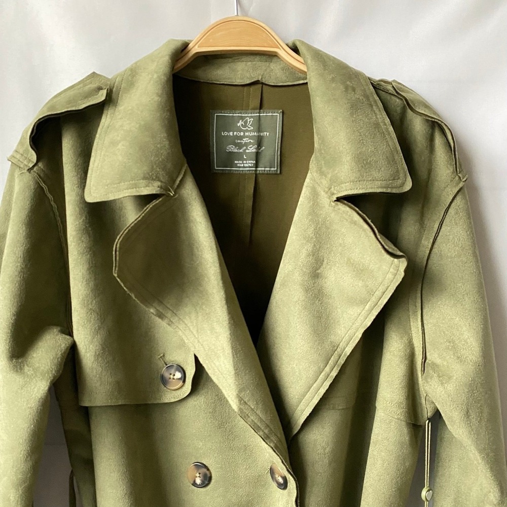 Love for Humanity Double Breasted Couture Trench Coat Women L Olive Faux Suede - Picture 5 of 13